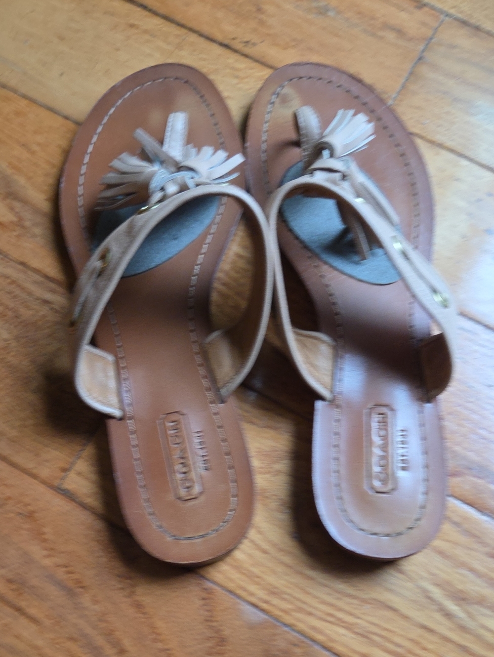 COACH Tan Leather Tassel Thong Sandals